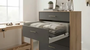 Cutaway view highlighting deep internal compartments inside a compact space-saving chest of drawers.
