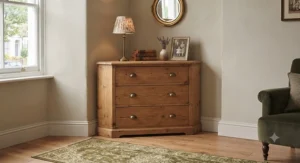 Open drawers of a wooden corner storage unit showing deep interior capacity for folded clothes and linens.