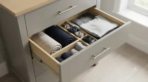 Open drawers of a multi-tier chest unit displaying ample storage space for folded clothes and bedroom accessories.