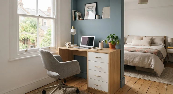 Modern wooden desk and drawers combination fitted in a compact UK bedroom, providing space-saving storage for a small room. desk and drawers combination for small bedroom