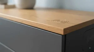 Detailed texture shot of the premium scratch-resistant matte finish on the contemporary smart bedroom chest.
