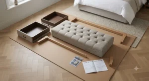 Flat-pack pieces and components for an easy-to-assemble wooden storage bench with drawers for the bedroom.