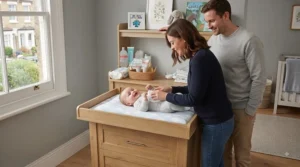 Parent standing comfortably beside an ergonomic changing table chest of drawers designed for easy nappy changes.