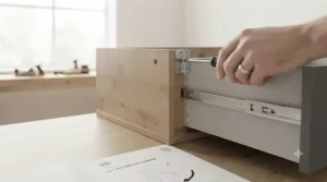 Step-by-step flat-pack assembly components for an easy-build space-saving chest of drawers.