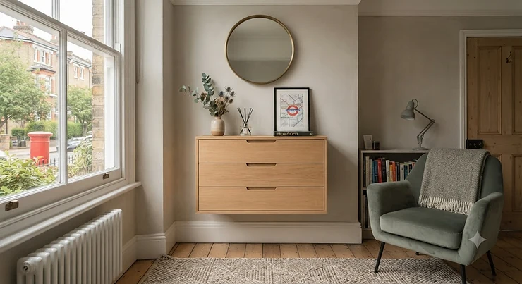 Floating chest of drawers mounted on a neutral wall in a compact British living room, saving floor space. floating chest of drawers for small spaces