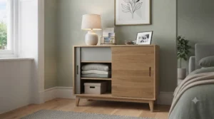 Two-tone grey and light wood sliding door chest of drawers complementing a minimalist scandi-style interior.