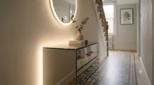 Slim backlit mirror chest of drawers placed in a stylish British hallway entrance.
