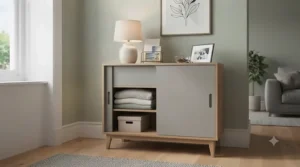A shallow-depth sliding door chest of drawers positioned in a narrow hallway to store everyday essentials and post.