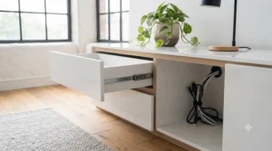 Contemporary high-gloss white TV stand and drawer combo reflecting light in a modern open-plan lounge.