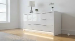 Premium high-gloss white chest of drawers featuring soft ambient LED under-lighting for a sleek, reflective finish.