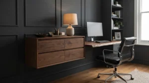 Contemporary wall-mounted chest of drawers providing clutter-free storage above a home office desk setup.