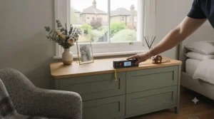 Diagram showing how to measure window sill height for a low chest of drawers