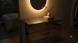 Illuminated backlit mirror chest of drawers casting a warm ambient glow in a dark bedroom.