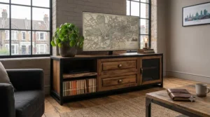 Industrial-style oak and black metal TV stand with deep storage drawers for media accessories.