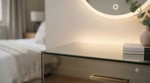 Close-up of the touch-sensor LED lighting on a backlit mirror chest of drawers.