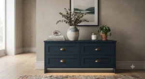 Contemporary LED lit chest of drawers styled in a modern living room setting with decorative homeware displayed on top.