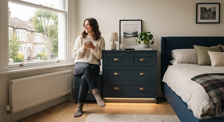 Modern LED lit chest of drawers positioned in a contemporary British bedroom, featuring integrated warm lighting and spacious storage drawers. LED lit chest of drawers