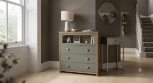 Living room interior featuring a stylish chest of drawers with display top holding framed photos.