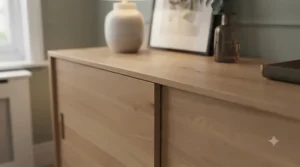 A contemporary sliding door chest of drawers styled as a media console and sideboard in a neutrally decorated British living room.