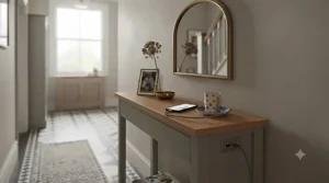 Narrow chest of drawers with a USB charging station used as a stylish hallway console table for charging phones and tablets.