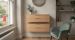 Two modular floating drawers stacked vertically to create custom storage in a compact studio flat.