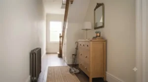 A compact slim chest of drawers utilized as a narrow hallway storage unit in a Victorian terrace home.