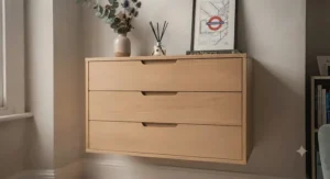 Slimline floating drawer console fitted in a narrow hallway to keep everyday essentials organised.