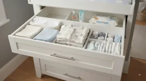 Close-up of deep drawers in a changing table chest of drawers, neatly organised with baby essentials and muslins.