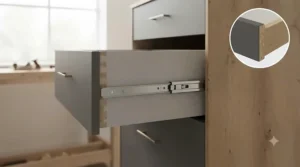 Close-up of the durable light oak veneer on a modern space-saving chest of drawers.