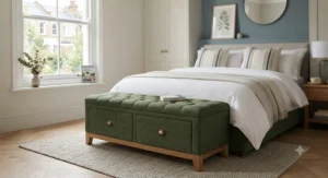 A contemporary sage green storage bench with bedroom drawers and a comfortable cushioned seat pad.