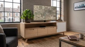 Scandinavian-inspired white and light wood media console unit combining a TV stand and low-profile chest of drawers.