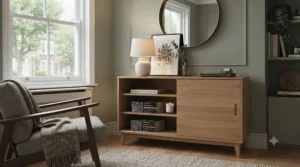Open sliding door chest of drawers revealing customisable internal shelving and fabric storage boxes for folded garments.