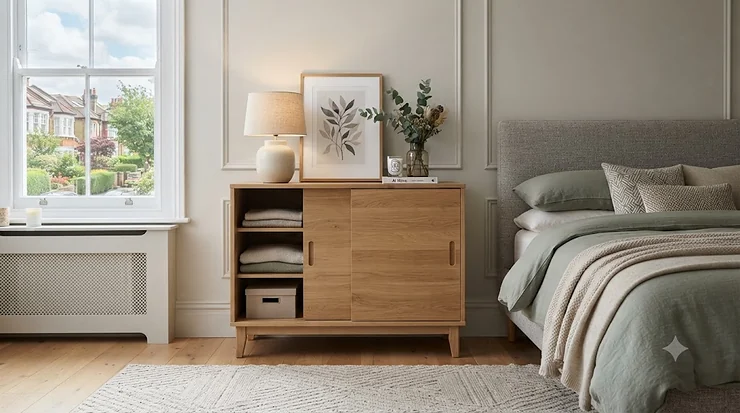 Styled bedroom featuring a modern wooden sliding door chest of drawers against a neutral wall, offering space-saving storage for a contemporary British home. sliding door chest of drawers