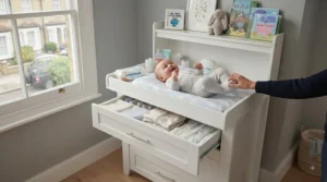 A compact changing table chest of drawers fitted snugly against a grey painted wall in a small UK nursery room.