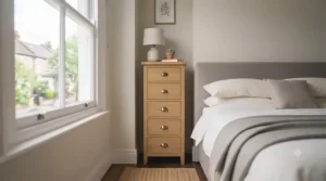 A minimalist slim chest of drawers positioned beside a double bed to solve tight clearance issues in a small guest bedroom.