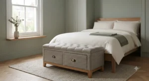 A compact white storage bench with drawers for a small bedroom, offering practical organisation without cluttering floor space.