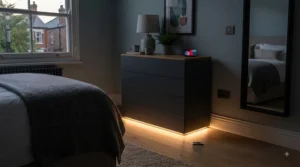 Subtle warm ambient LED under-lighting glowing beneath the modern bedroom chest during a cosy evening.