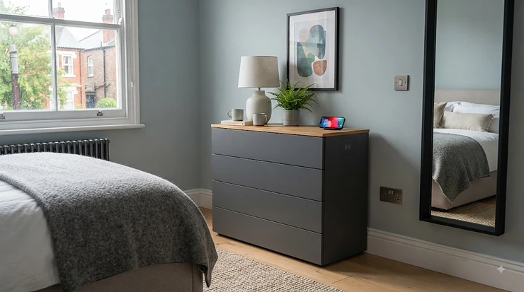 Modern wooden bedroom chest of drawers featuring an integrated wireless charging pad on top, styled in a contemporary British apartment. smart bedroom chest with wireless charging