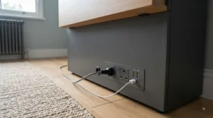 Rear view of the smart storage unit showing tidy cable management ports and built-in USB charging sockets.