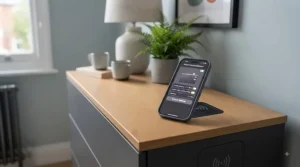Smartphone resting on the smart chest surface, demonstrating easy connectivity and modern bedroom tech integration.