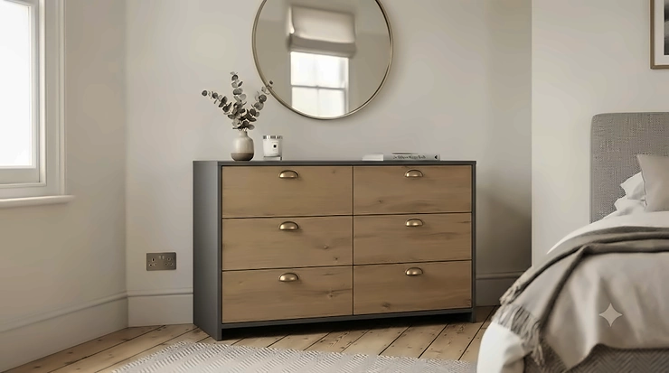 Stylish wooden soft-close chest of drawers in a modern British bedroom, offering smooth and quiet storage. soft-close chest of drawers