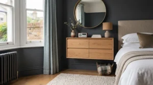 Minimalist grey wall-mounted chest of drawers used as a bedside storage unit in a contemporary master bedroom.