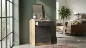 Technical drawing showing the compact dimensions and low-profile depth of a space-saving chest of drawers.
