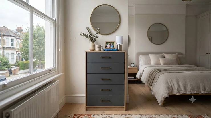 A stylish, compact space-saving chest of drawers styled in a modern British bedroom, offering smart storage for small spaces. space-saving chest of drawers