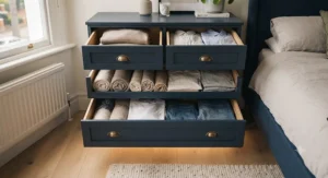 Wide chest of drawers with multiple deep storage drawers fully open, showcasing ample organisation space for bedroom clothing and accessories.