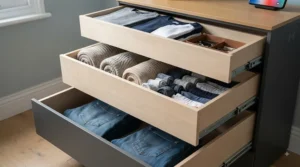 Deep, smooth-gliding drawers of the smart bedroom chest open wide to display ample clothing storage space.