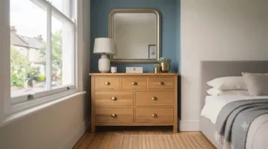A wide standard chest of drawers styled with a lamp and mirror, demonstrating maximum drawer storage capacity for a master bedroom.