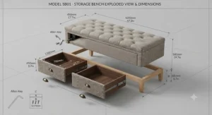 Dimensional line drawing showing the standard height and width specifications of a bedroom storage bench with built-in drawers.