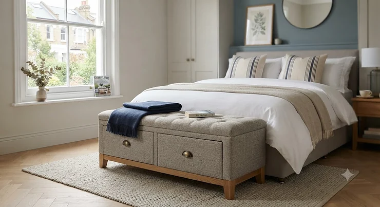 A modern grey storage bench with drawers for the bedroom, positioned neatly at the foot of a double bed with neutral bedding. storage bench with drawers for bedroom
