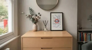 Minimally styled surface of a floating drawer unit featuring a houseplant and ceramic vase.